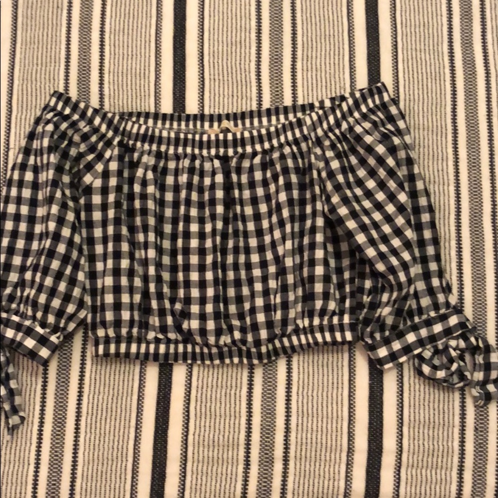 plaid off-the-shoulder top